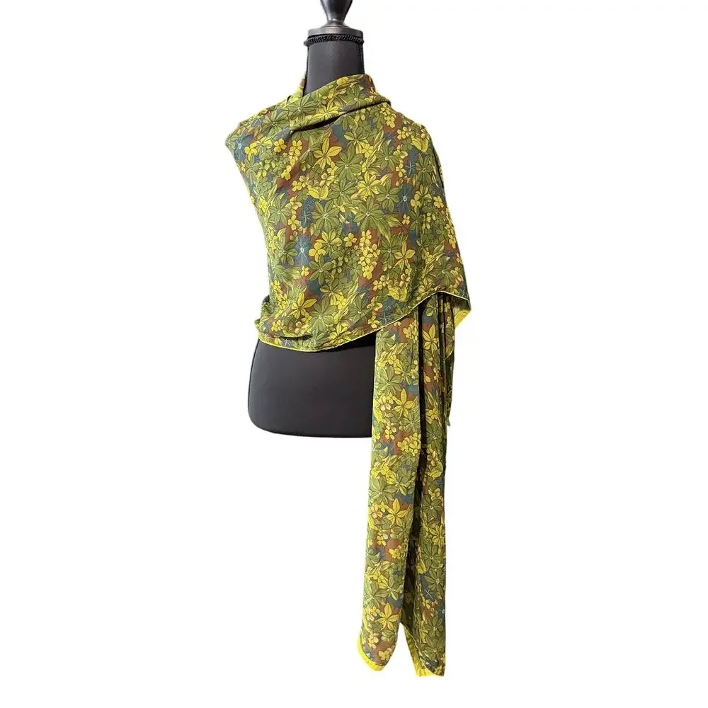 Vintage Floral Print Shawl Scarf Wrap Green Yellow Retro Mod Botanical boho
